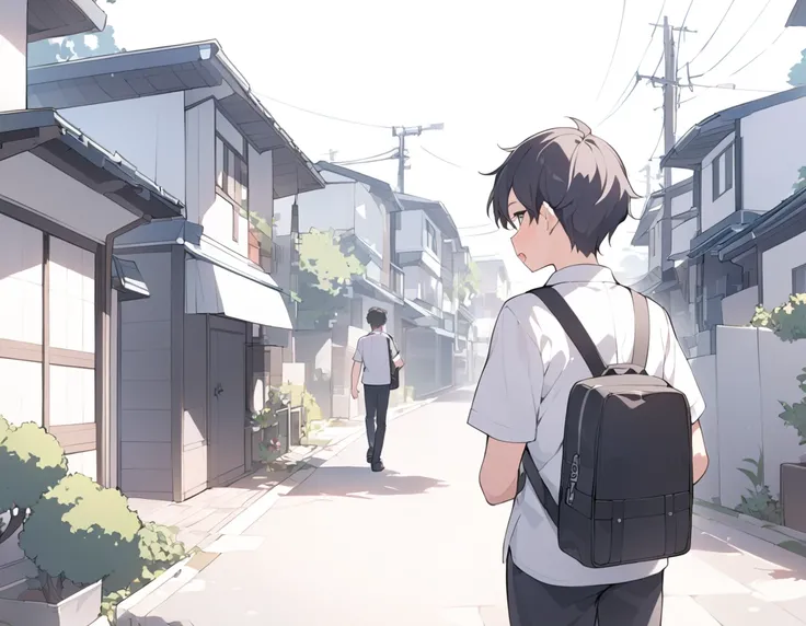 male middle school student、 male、Duo、 school uniform、white cutter shirt、Black trousers、black bag 、coming out of mouth、 residential area、backshots、 Back View