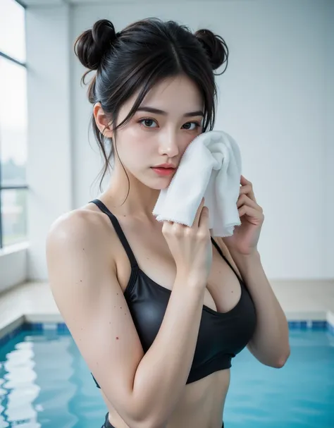 (A super cute busty Korean female announcer is standing wearing a sports bra and shyly making a gesture to hide her face with a sports towel:1.2)(smile:1.1)(16k,  RAW photos , Highest quality, masterpiece: 1.2),(Shiny black double bun hair wet with water) ...