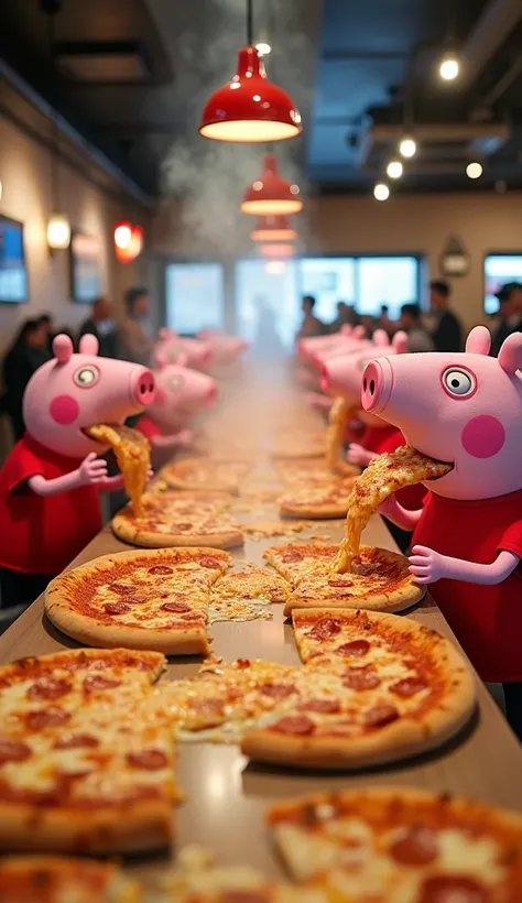 Inside a lively Pizza Hut restaurant, a long dining table is completely covered with steaming hot pizzas, stretching far into the background. Peppa Pig characters, all dressed in red outfits, are sitting on both sides of the table, hungrily devouring slice...