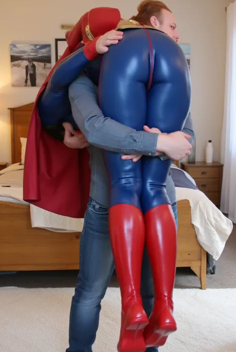 Realistic, close up rear ass view of supergirl lifted and carried over the shoulder of a 18yr old age boy with red hair wearing a tight-fitting skintight push up wedgie tight sexy full body blue  leather supergirl catsuit , in a house, supergirl wearing a ...