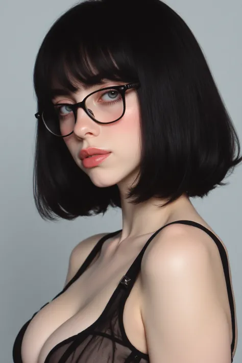  beautiful girl,  shiny black hair , wearing black rimmed glasses, medium bob, BEAUTIFUL POSTURE STAND,A little bikini with a little bit of concealment, Nice gray eyes, White skin,  blurred background,  high quality, ((4K)), teacher,  beautiful girlเซ็กซี่...