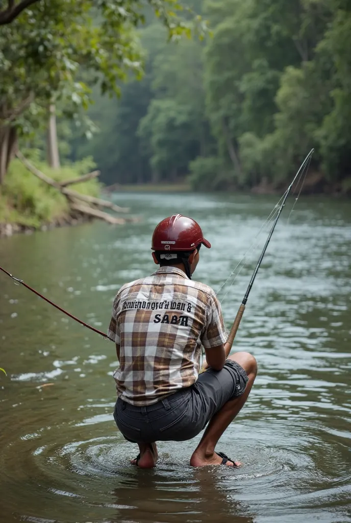 seen from the behind,a Asian man,wearing a dark red helmet,wearing a white brown checkered  with says"ORANGNYA BAIK & SABAR",dark gray short cargo and sandals,squatting down and fishing in the river.edge forest background,high detail and clear photo