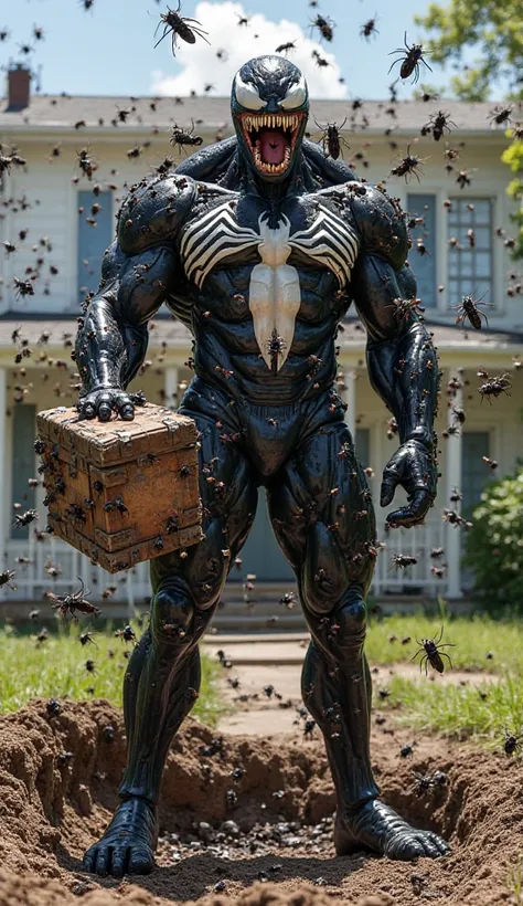 "In the bright midday sun, Venom stands in front of a house, holding an old, mysterious box with both hands. As he opens the box, massive cockroaches, larger than usual, suddenly burst out in a horrifying swarm. The insects crawl rapidly over his black, sl...