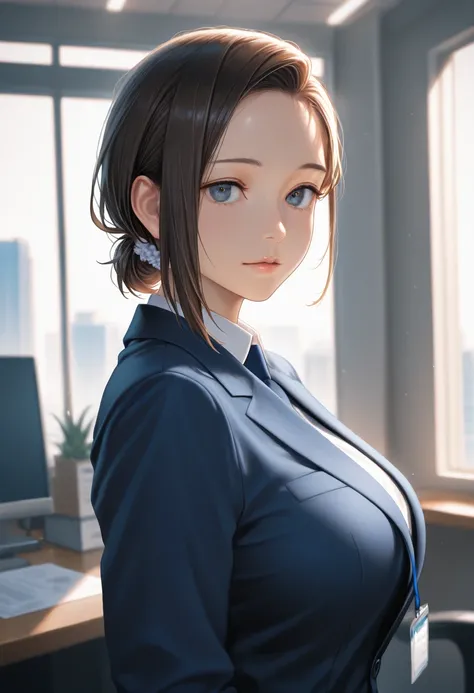 masterpiece, best quality, vibrant, very aesthetic, high contrast, photorealistic portrait, newest, 1girl,source_tawawa on monday,kouhai-chan,forehead,business suit,pencil skirt,office,realistic lighting,dramatic shadows,cinematic composition,
