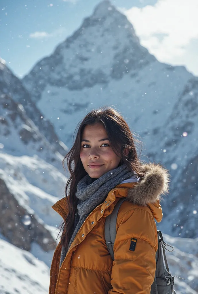 Beautiful 20-year-old Latin American girl in the snow in the background of Mount Everest very real photo very realistic 