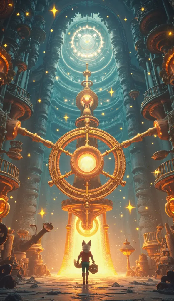 Inside the Cloud Castle, [Finn the Fox] finds the Sky Machine—a massive, glowing contraption with gears and levers. The room is filled with floating stars. Mood: magical. Colors: golds, blues, and whites. Art style: cinematic 3D.