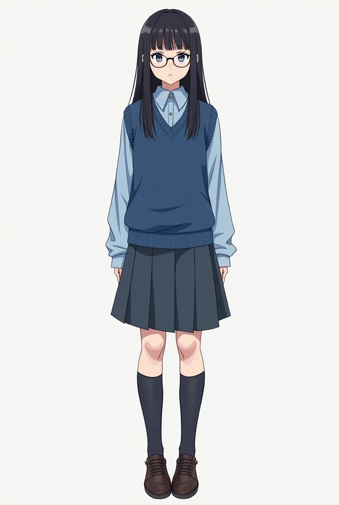 full body image what would be of a student who has a knee-length skirt that is not very short and that I have a light blue shirt blue sweater blue socks up to the knee and with long straight black hair with lenses I think it's perfect but the skirt has to ...