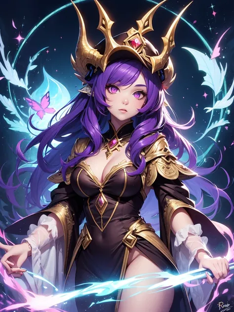 A highly detailed fantasy portrait of Lulu, the small Yordle sorceress from League of Legends, shown from the waist up. ((She has purple skin)), large glowing purple eyes, and fluffy violet hair. She wears her signature oversized crimson hat with golden de...