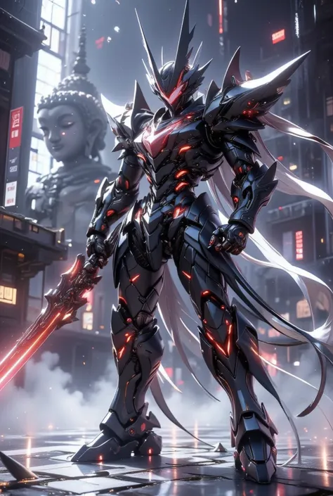 Ultra-detailed mecha "JieXian Ji MaoSun", Accumulated slash posture, Cyberpunk Dark Mist Battlefield, Matte Black Mecha Blood Red Energy Pattern Pulse+Joint White Warning Light, Holding a high-frequency vibration phase ship knife（Dark Red Energy Blade）, Ba...