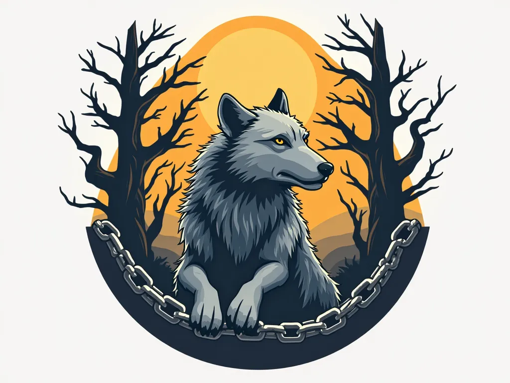 create a vector logo of a wolf breaking a big chain with a tree behind him and sun, coin style