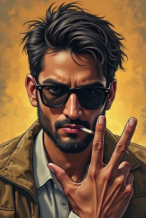 there is a man with sunglasses on making a peace sign, a picture inspired by Bikash Bhattacharjee, tumblr, hyperrealism, with index finger, with fingers, with sunglass, with accurate face, long fingers, middle finger, exactly 5 fingers, with a cool pose, a...