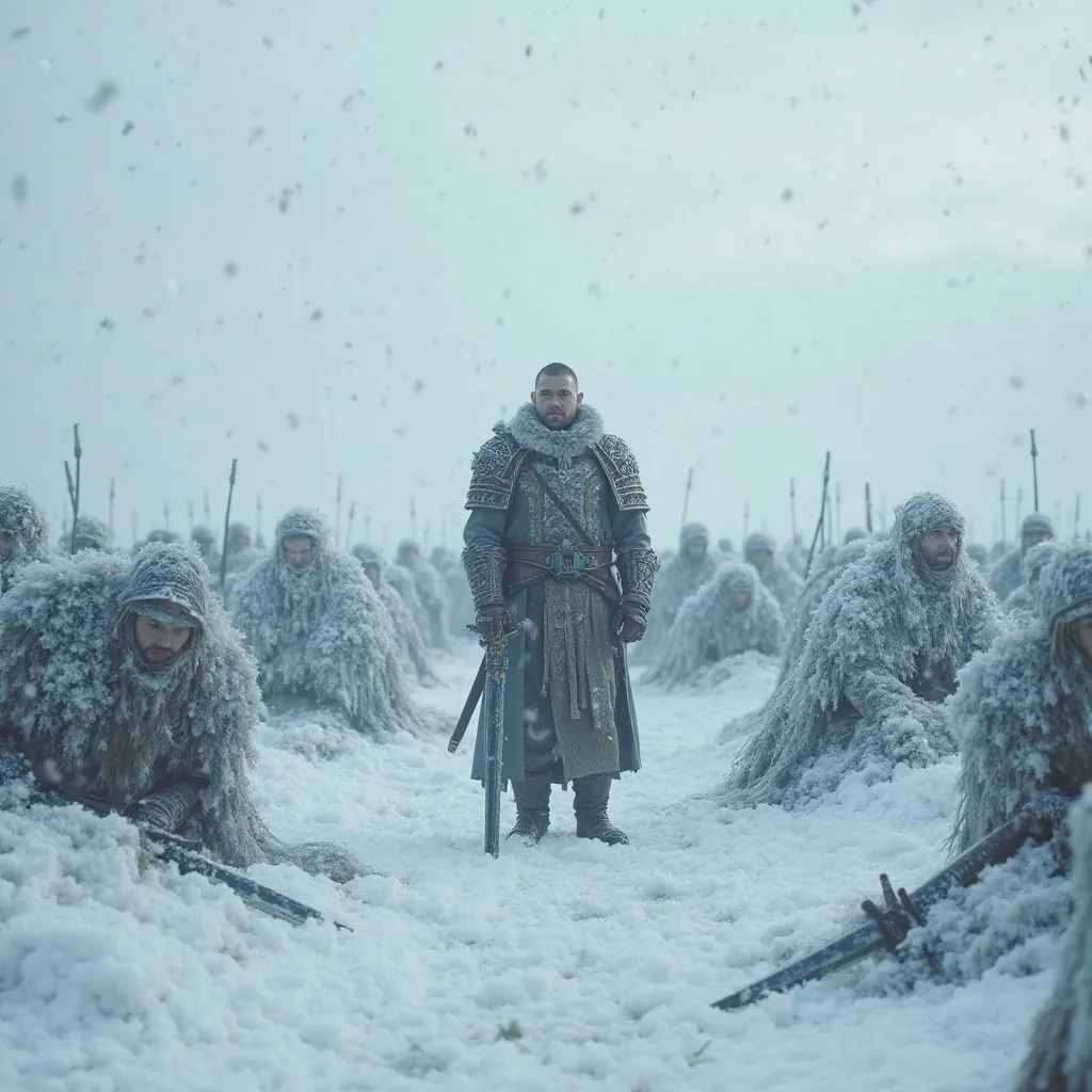 A battlefield frozen in time, with one warrior calmly standing while the rest are in chaotic motion, symbolizing the power of patience in war and life