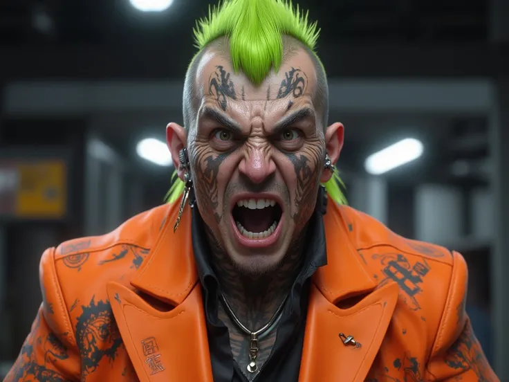 middle-aged man, Tattoo, Asian people, Age 22 years, Green Hair, Mohawk style, wearing an orange suit,, Nose piercing ,  Realistic,  wide eyes , Shout Forward, Look of shock, Masterpieces,movies,8K resolution, Details Clear, front view,  Half-shot.