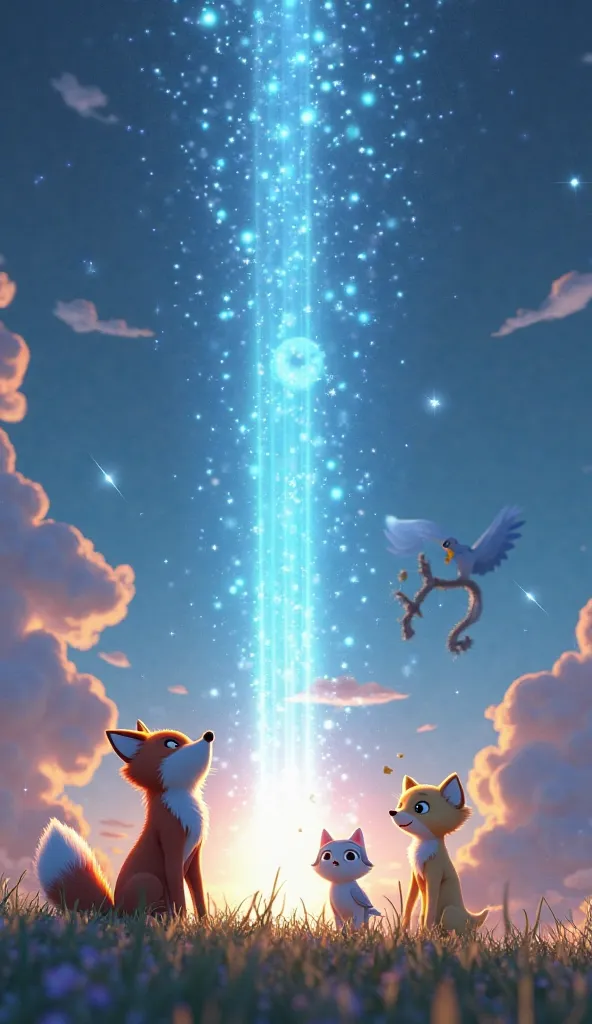 The Sky Machine roars to life, shooting beams of light into the sky. [Finn the Fox] and [Luna the Owl] cheer as the stars reappear. Mood: triumphant. Colors: glowing whites, blues, and golds. Art style: cinematic 3D."