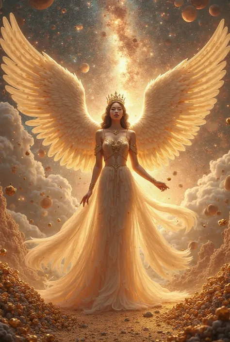 A beautiful yang winged queen is standing on the universe with many wealth,money,gold,diamond exsedra 