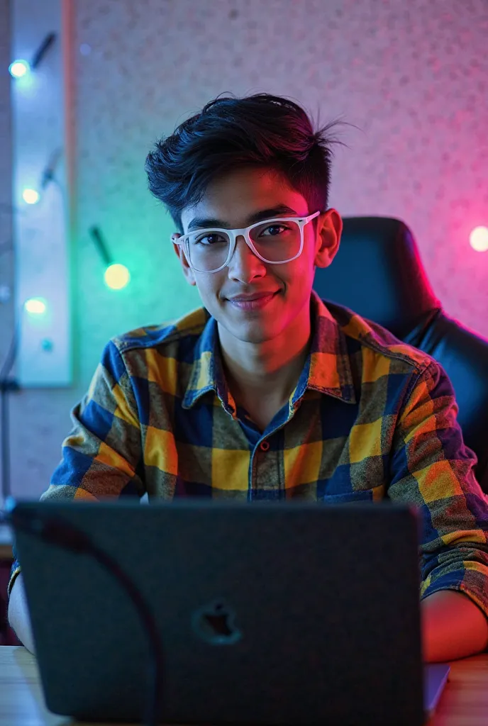 A 21 year old boy is sitting in front of a computer desk with mic and laptop, and is wearing a black and yellow checked shirt and on the shirt this name is written, Technical Ayaz.and he is wearing white glasses And has black hair against a white theme bac...