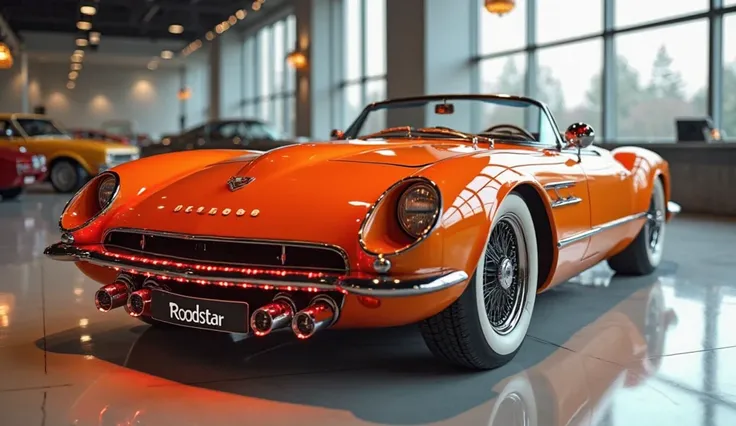 "A realistic, high-quality image of a modern sports car from the front right side view, resembling a 1955 Chevrolet UT Roadster . The car is orange glossy paint and a sleek, aerodynamic design, It has four large, round exhaust pipes and a wide.continuous r...