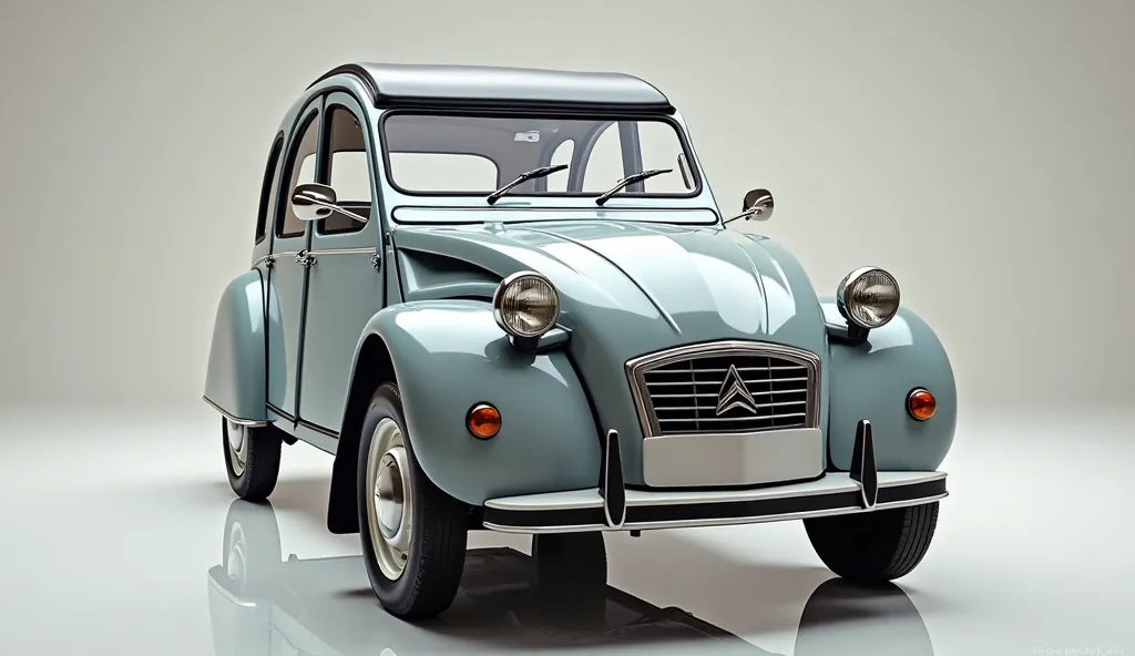 create an oily ultra-detailed 3D render of a Classic,1974 Citroen 2CV6(left-Front) .The car's should feature a 'Gleamy glossy painted glossy Gris Clair' color and sleek. The body should be in glossy glossy glossy Gris Clair, captured in an ultra-detailed, ...