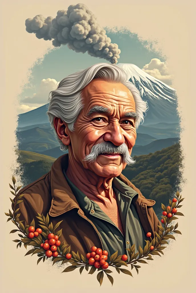 Create a logo for a coffee brand with the name Café Don Franco with a background image of the smoking Orizaba Veracruz volcano that is representative of its Veracruz region and the image of a 65-year-old white man with a slender mustache, a peasant without...