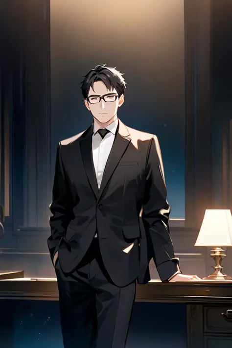  black hair、 man bang hair、male、 suit、Glasses、