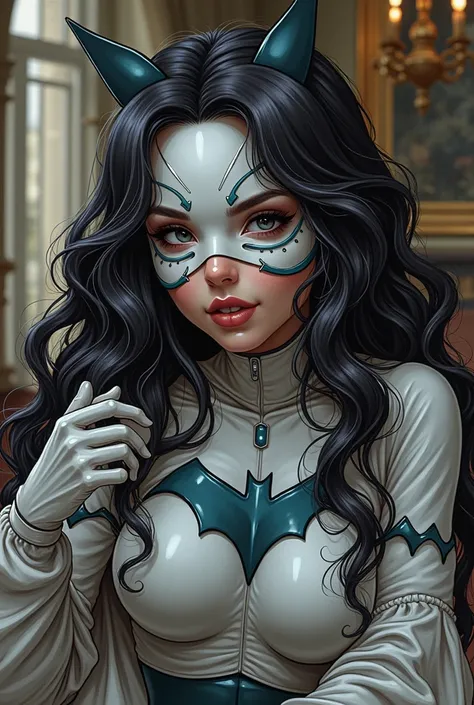 You can create a girl dressed as a moth wearing a heroine costume in a purple gradient with a galaxy tone but opaque with white gloves and a layer of moth, her dark wavy hair and a white mask at a DC comics dinner together with Batman in a mansion, watchin...