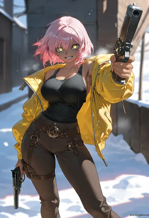 masterpiece, top quality, great quality,anthro,\( quality\), 2024,  alone, pink hair,  Dark Skin,  Yellow Eyes , detailed face, Crazy look, comfort perbody, long yellow jacket, Open jacket,  black tank top , posing, large breast, big hip, thigh, holding a ...