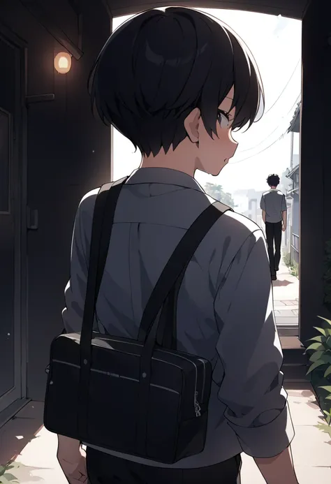 male middle school student、 male、Duo、２shots、 school uniform、white cutter shirt、Black trousers、Shaved head、 black hair、black bag 、coming out of mouth、 residential area、バックshots、 Back View