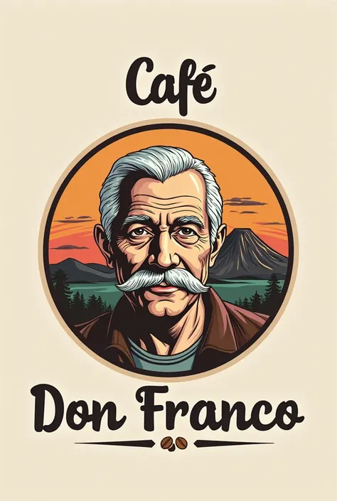 Create a logo for a coffee brand with the name of Café Don Franco with a background image of the smoking Orizaba Veracruz volcano that is representative of its Veracruz region and the image of a 65-year-old white man with a slender mustache, well-groomed p...