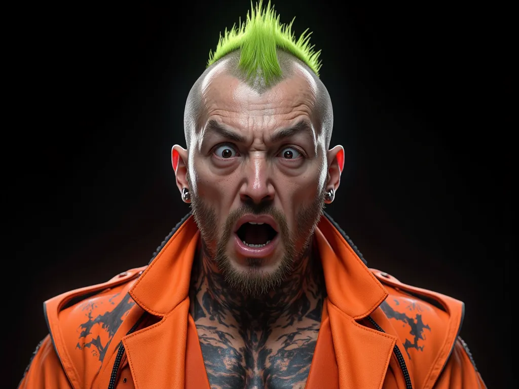 middle-aged man, Tattoo, Asian people, Age 22 years, Green Hair, Mohawk style, wearing an orange suit,, Nose piercing ,  Realistic,  wide eyes , Shout Forward, Look of shock, Masterpieces, black background, movies,8K resolution, Details Clear, front view, ...