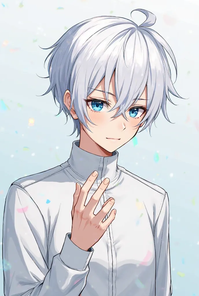 ( masterpiece), top quality,  expressive eyes , perfect face, (An image of a character on the cover of a webtoon or web novel, blue eyes, white hair, white uniform,  casual wear, Techwear,  sharp jawline , handsome,  smooth face, male hands, BEST HANDS , p...