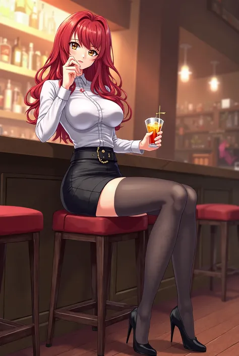 (Anime:1.2), beautiful woman, 5'8", Red wavy hair, Hazel Eyes, DD-Cup Breasts, Taut Stomach, Curvy Ass, Long Shapely Legs, BREAK, White Blouse, Black Short Skirt, Black High-Heeled Shoes, Stockings, Black Purse, BREAK, Sitting at a bar, Drinking a mixed dr...