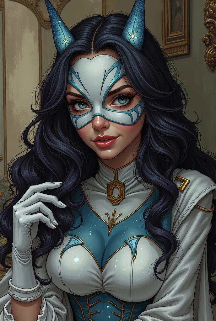 You can create a girl dressed as a moth in a galaxy-toned but opaque purple heroine costume with white gloves and a layer of moth, her wavy dark hair and a white mask at a DC comics dinner with Batman in a mansion, watching some old Arkams Family paintings...