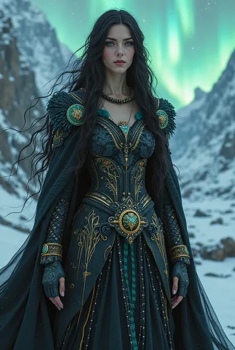 girl with black hair and blue eyes, goddess in black, gold and emerald clothing. Norse goddess. 