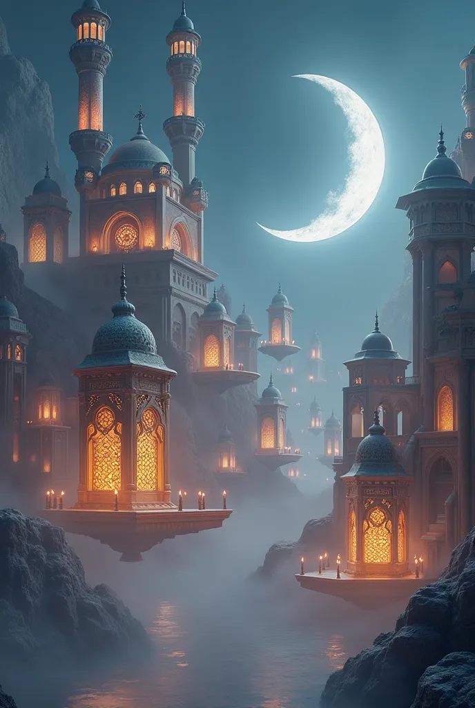 dreamy world with floating mosques, glowing lanterns, and a surreal crescent moon.