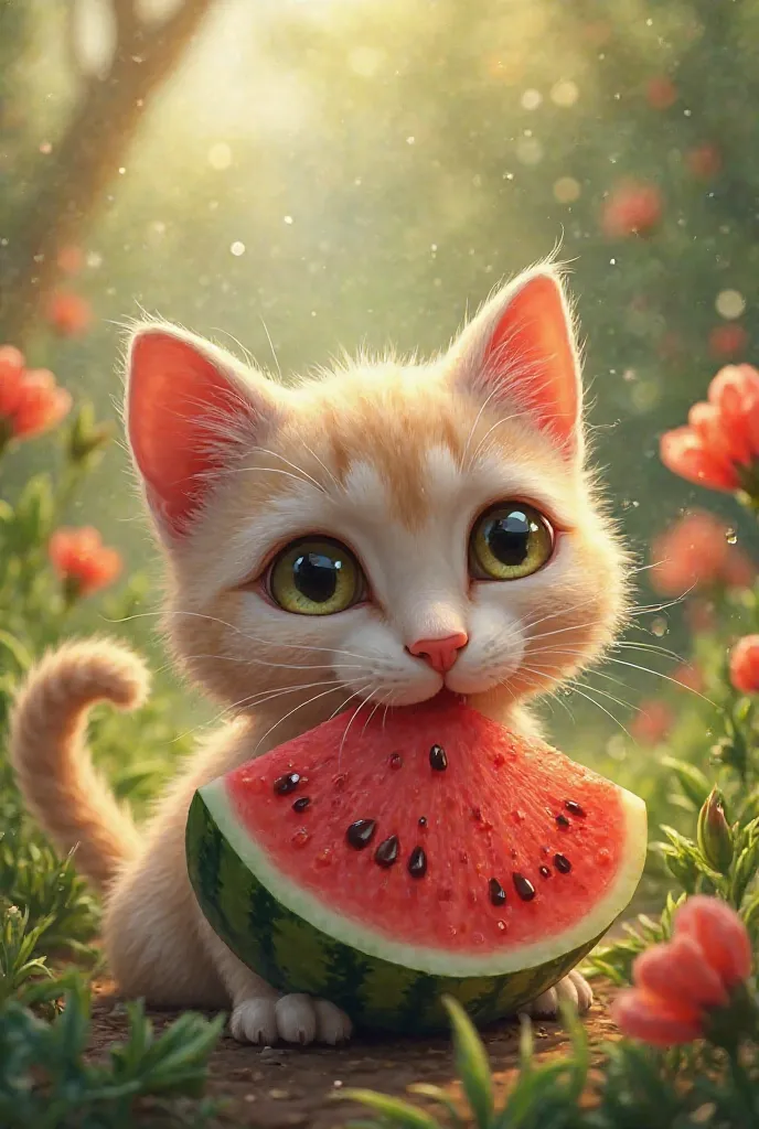 a cat eating watermelon 