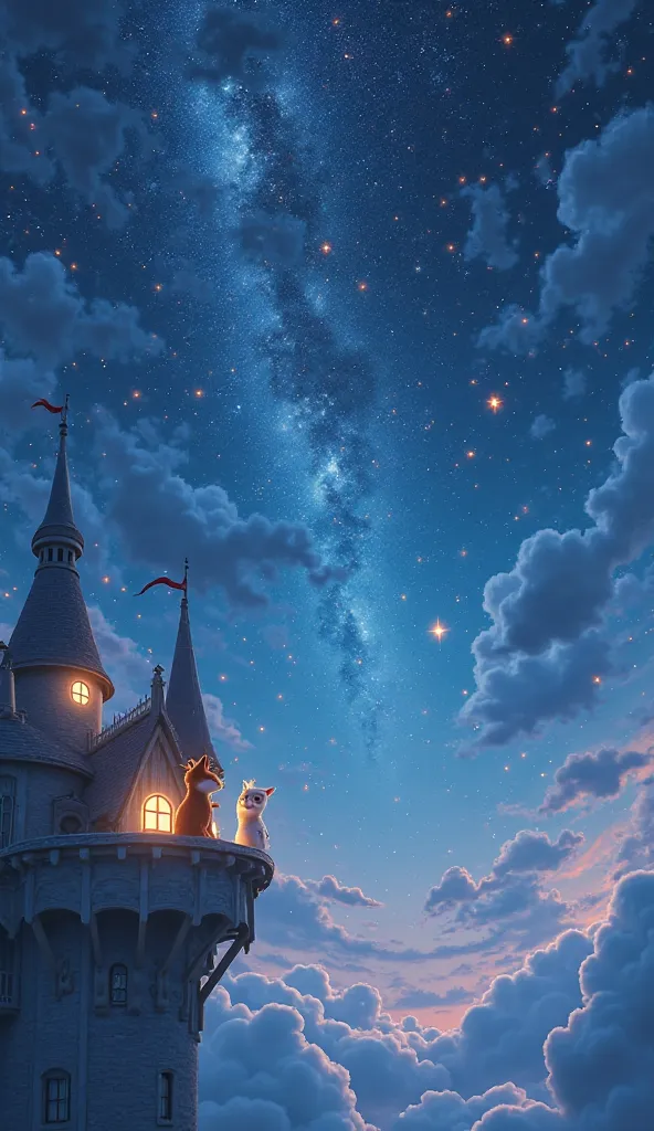 Wide shot of the night sky as the stars burst back into place, brighter than ever. [Finn the Fox] and [Luna the Owl] watch from the Cloud Castle balcony. Mood: magical. Colors: deep blues, whites, and golds. Art style: fantasy 3D