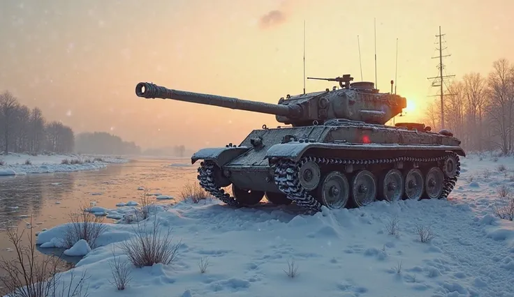 Create a high-quality photo. left: Soviet tank. in the center :  winter landscape. Right: frozen river view. The evening sun is shining