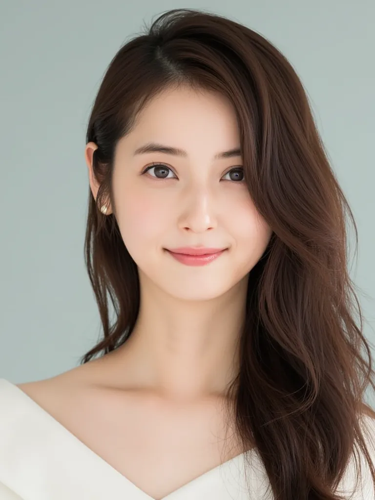 The image is、 this is a close-up portrait of Nozomi, a young Asian woman with long hair 。,  straight hair .   Her hair is、 gently wavy with a bang that frames around her face .  This is a close-up portrait of a young Asian woman named Haru Haru。 she is wea...