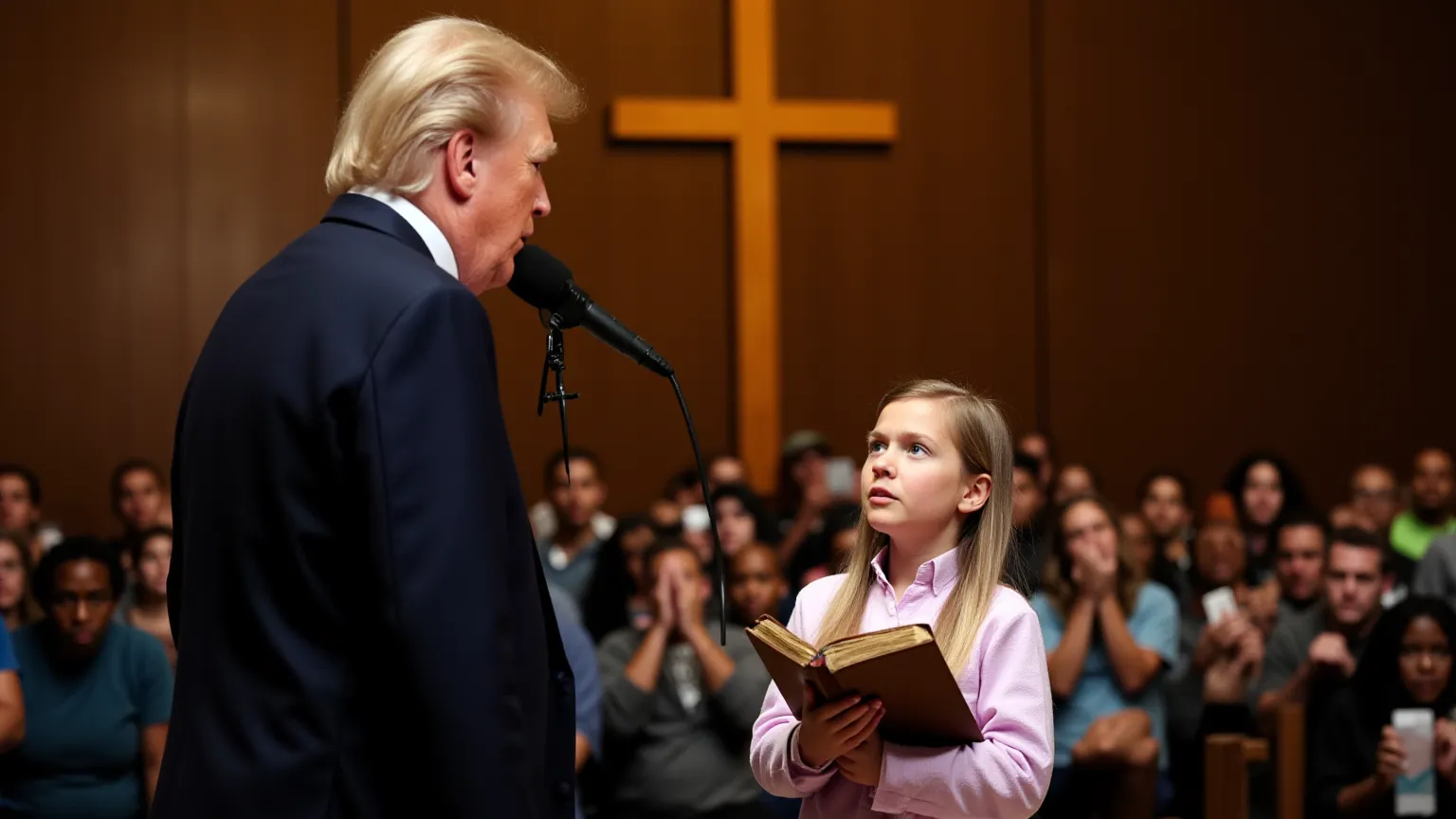 Great Hall of the Brotherhood,  filled with people . In the center of the frame, Clara, standing in front of a microphone, Her hands are clutching a shabby Bible. There is a mixture of excitement and determination on her face, her blue eyes look directly a...