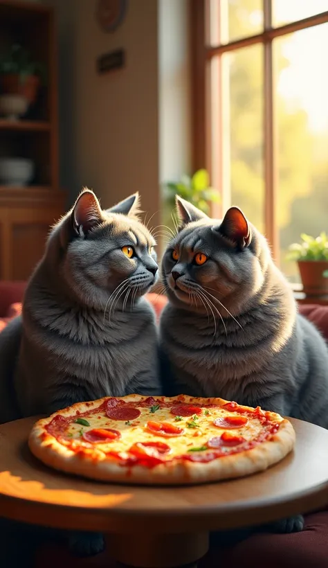 Inside their warm and beautifully lit home, the chubby Chartreux cat husband, with thick silver-blue fur and golden-amber eyes, sits beside his beloved Chartreux wife, whose silver-blue coat is soft and plush. The smell of freshly baked pizza fills the air...