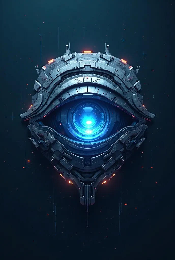 A futuristic logo of a guardian eye with a glowing cybernetic design, symbolizing 24/7 surveillance and crime prevention. The color scheme includes deep blue and metallic silver