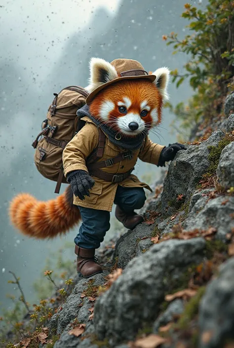 "A charming, anthropomorphic red panda explorer struggles to climb a steep and slippery mountain. Dressed in a beige explorer’s coat, a matching hat, and a leather belt, the determined adventurer grips onto jagged rocks with its small paws, its expression ...