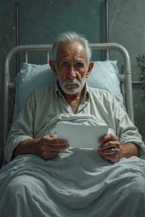 An old man sitting on a hospital bed with blanket covering his torso and legs. Holding a piece of paper like a hospital bill. His facial expression is emotional. A doctor is beside him. 