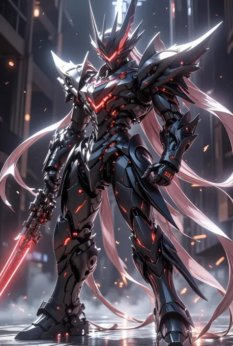 Ultra-detailed mecha "JieXian Ji MaoSun", Accumulated slash pose, Pure black background,Steam Dark Mist Battleground, Matte Black Mecha Blood Red Energy Pattern Pulse+Joint White Warning Light, Holding a high-frequency vibration phase ship knife(Dark Red E...