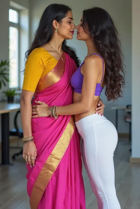 A 50 year old  Indian busty women wears Pink  saree with long sleeve yellow  blouse and other 27 year old indian busty women wears Violet sports bra tight white gym leggings  
 Both Legs thighs and bodies entangle to each other and Stand and kissing and  H...