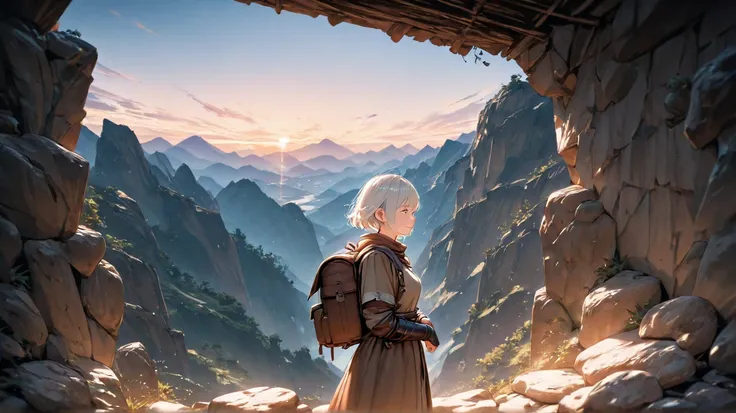  huge _very high resolution, high resolution,  masterpiece, recent, 1 female, white hair, light smile, side view, Medieval Adventurer Outfit, short hair,  soft_light,  blurry , sunset, mountainous area, Backpack, Panoramic View, high resolution background,...