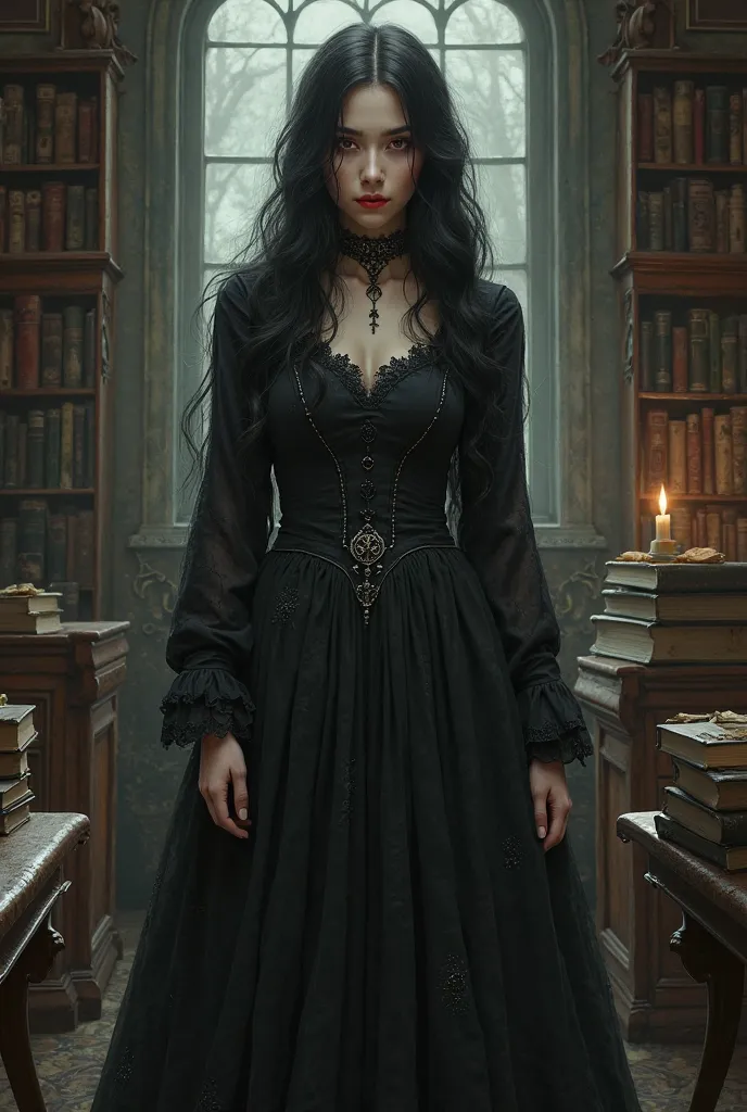 Mysterious discreet woman with black hair, red and white eyes, white skin, dark academia dress