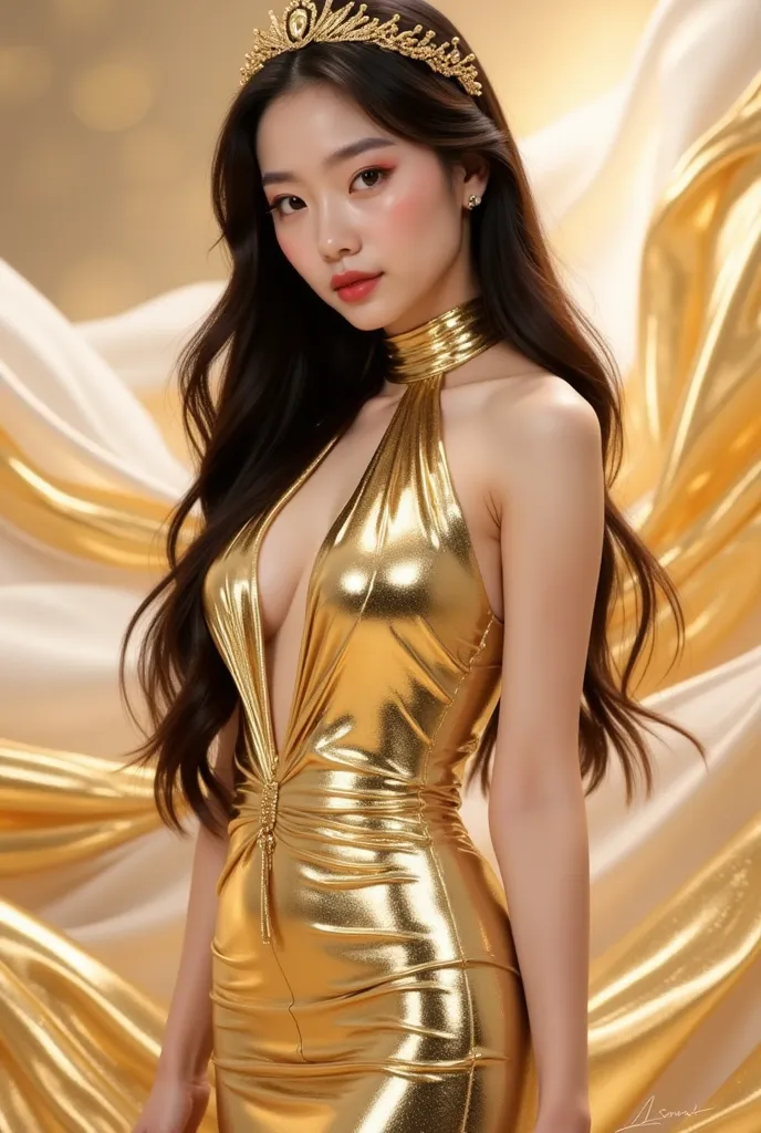 a woman in a stunning gold metallic gown that glimmers elegantly. The dress has a halter neckline and a fitted silhouette, accentuating her figure. She is wearing a golden crown-like headpiece with intricate details, complementing her overall regal appeara...