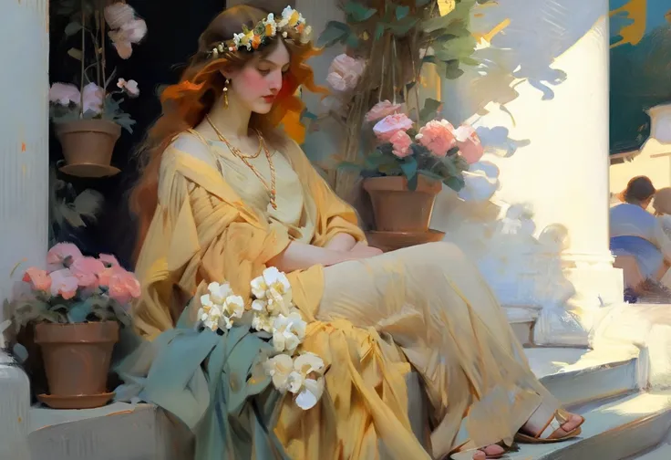 pastel painting ,sargent painting Highest quality、a woman sittingin tran station Ultra-high resolution、 classical # Persephone # ancient greek goddess, greek # perfect woman, full body in crowded place , flower pots