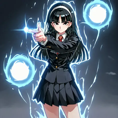 トップクオリティ, kwkm, black eyes, black hair, long hair, blunt bangs, parted bangs, white hairband, mole under eye, school uniform, red necktie, black jacket, black skirt, pleated skirt .spirit gun, finger gun, blue energy ball, aura, pointing at the viewer